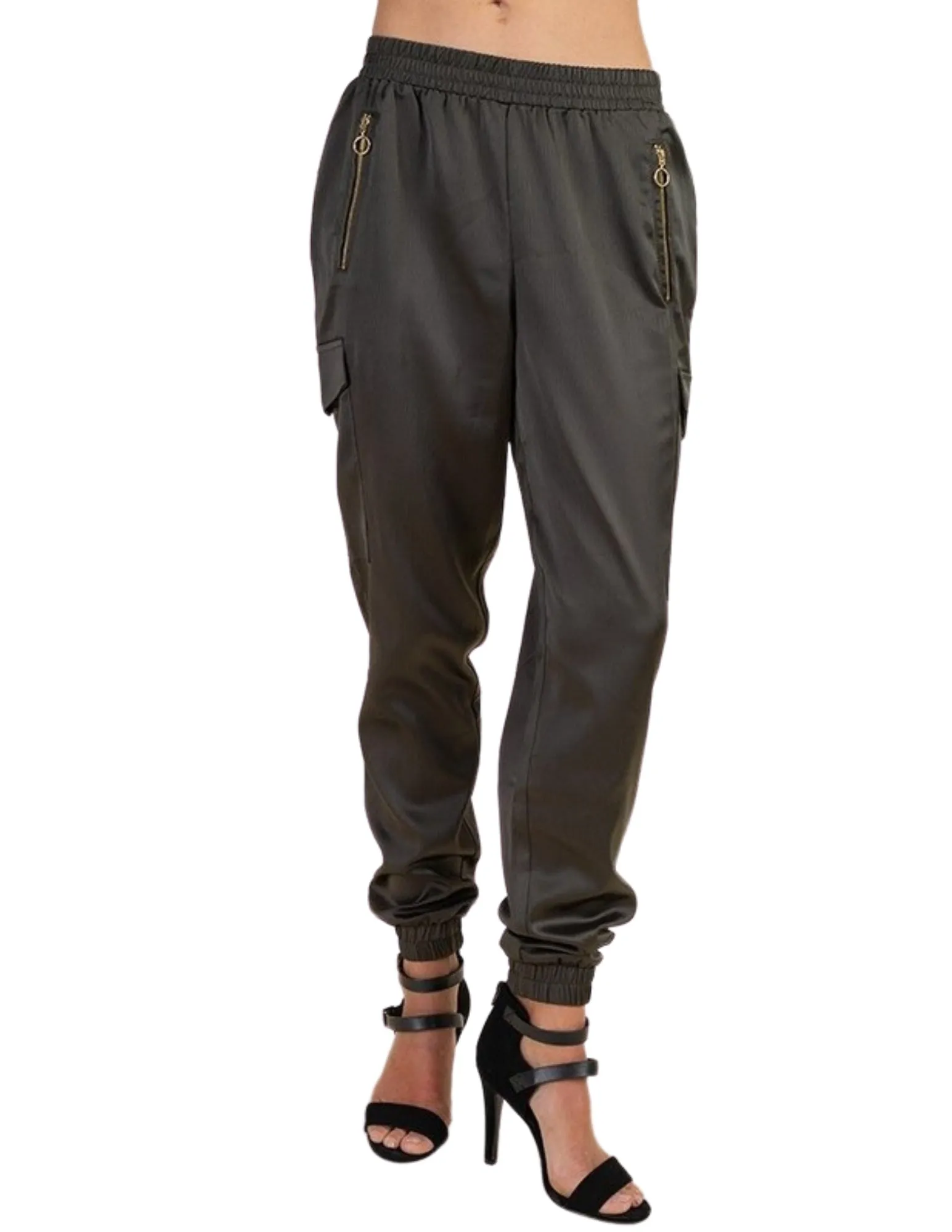 Sultry Satin Black Cargo Jogger Pants