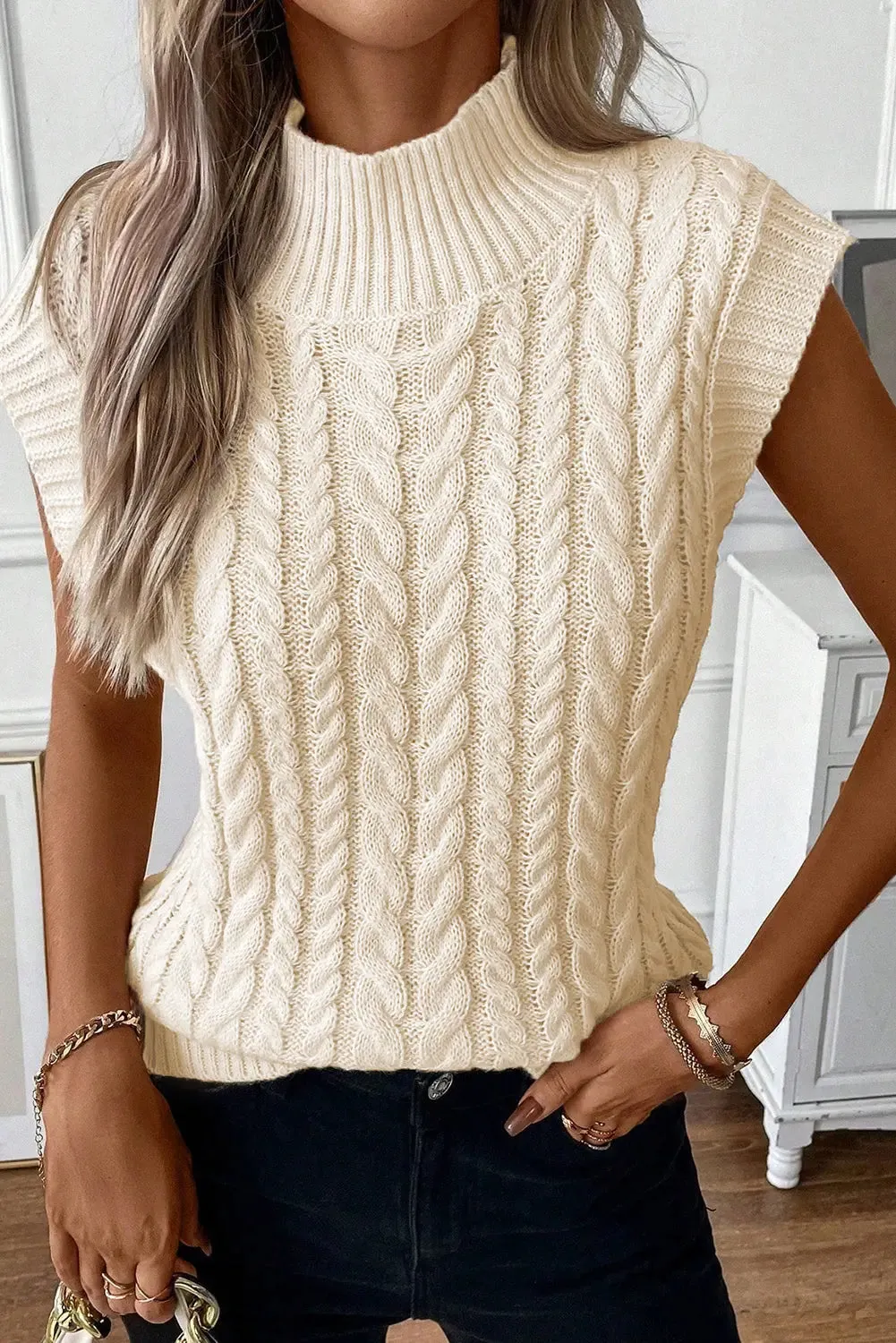 Sylvia Cable Knit High Neck Sweater Vest by Threaded Pear