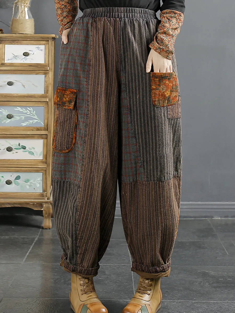 Women Winter Retro Patch Spliced Harem Pants