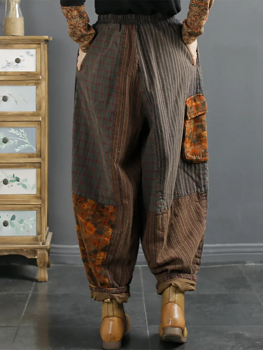 Women Winter Retro Patch Spliced Harem Pants