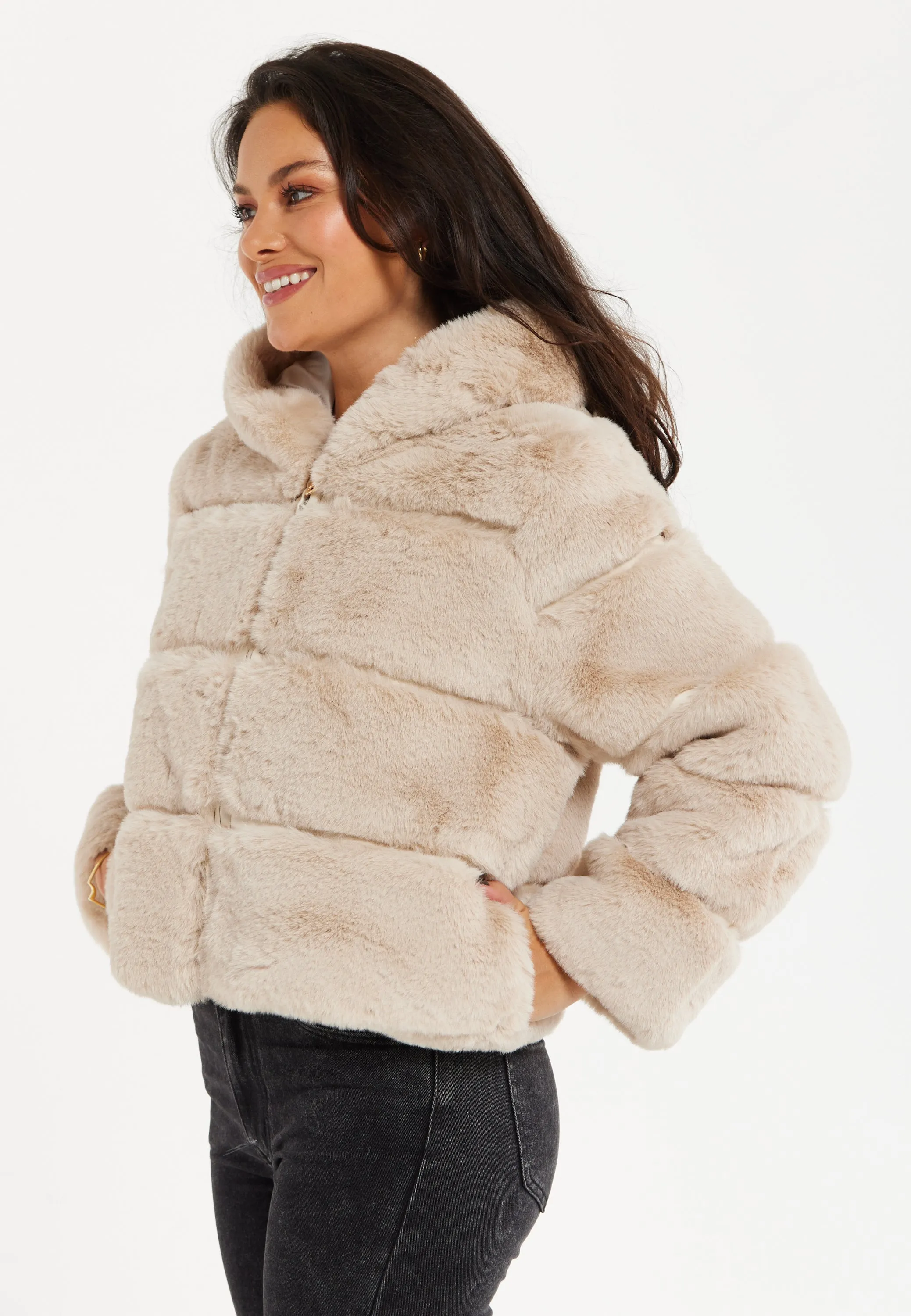Women's Beige Puffer Jacket with High Collar, Zip Detail, Plush Padding, Cozy Warmth - Liquorish