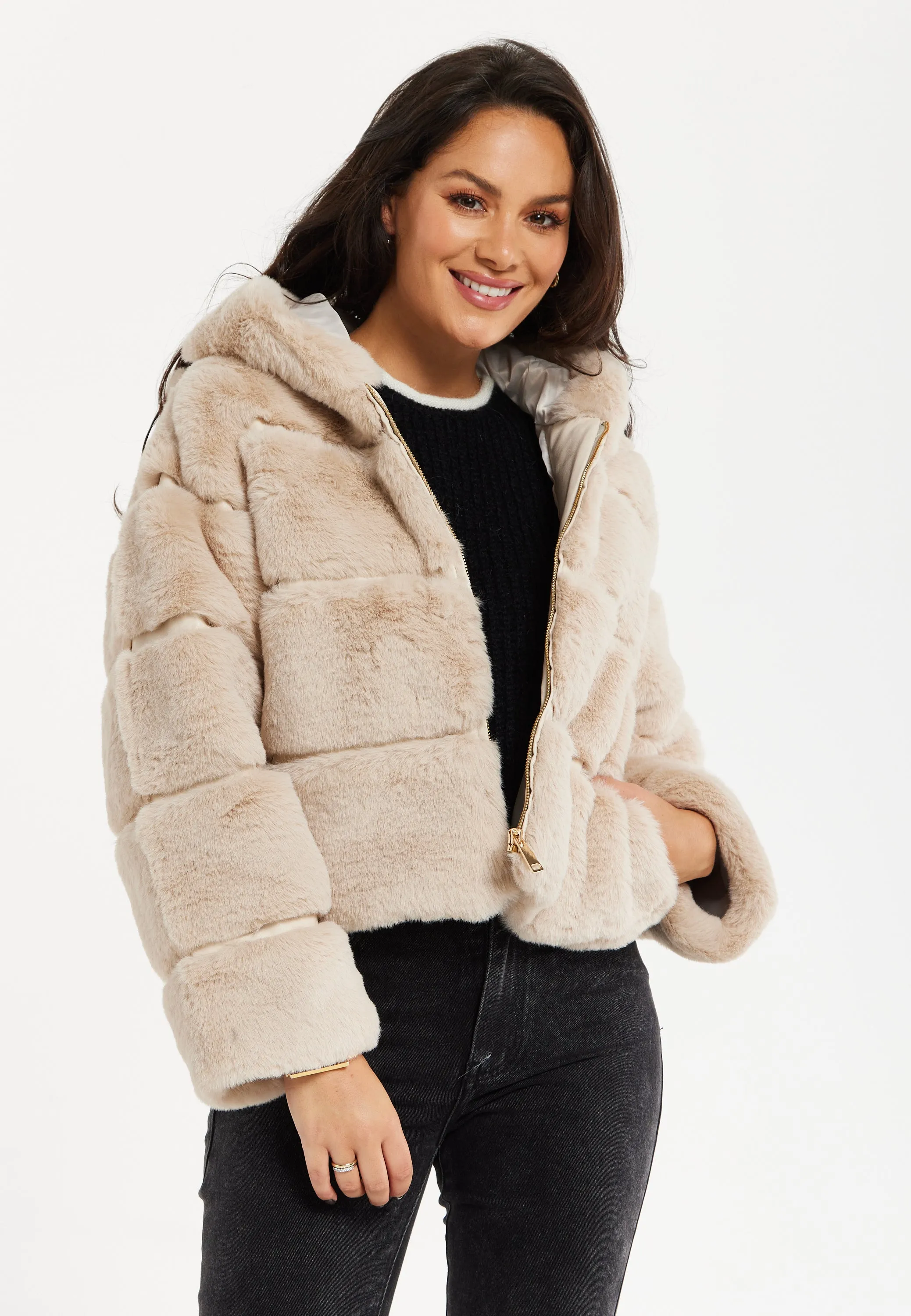 Women's Beige Puffer Jacket with High Collar, Zip Detail, Plush Padding, Cozy Warmth - Liquorish