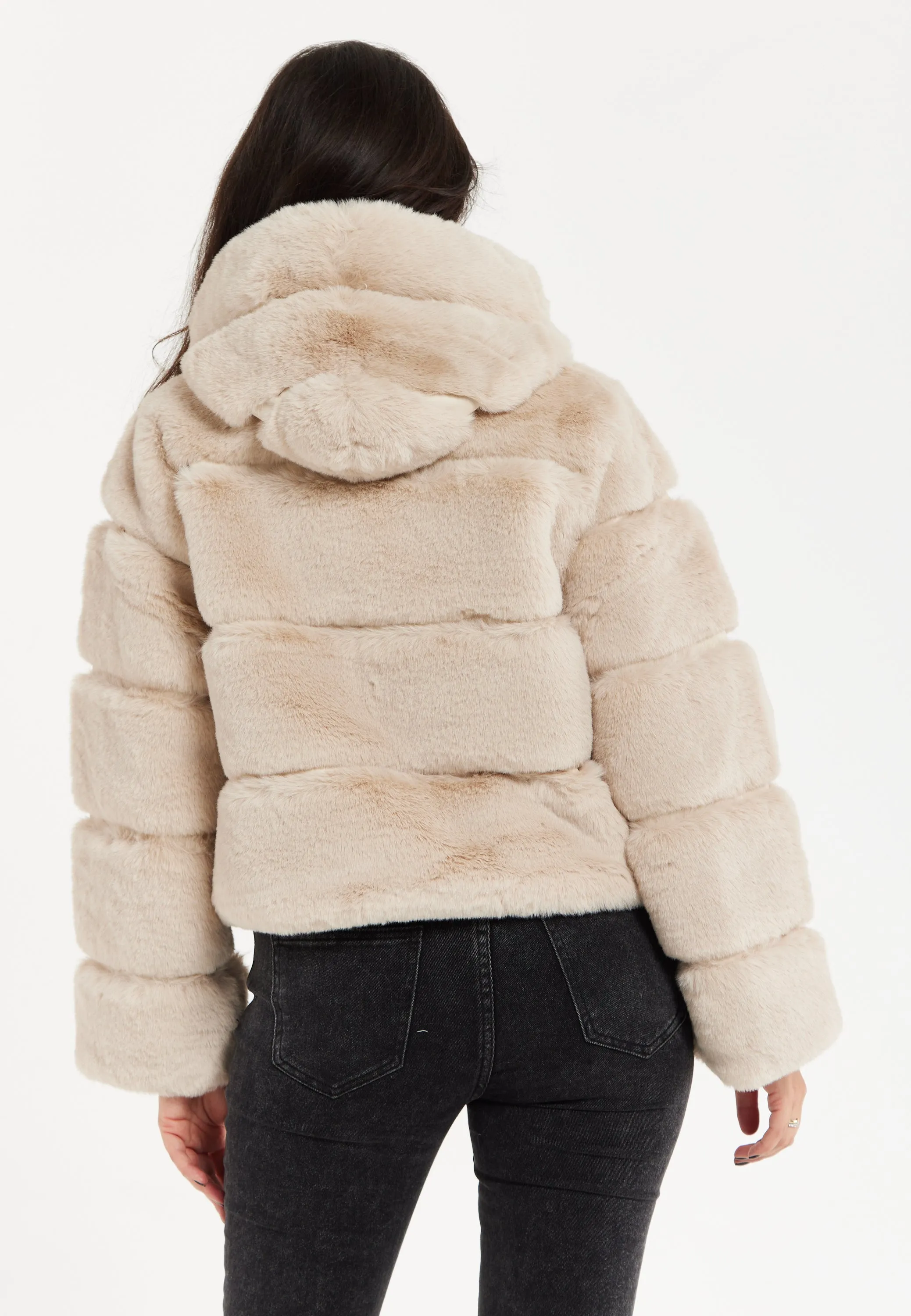 Women's Beige Puffer Jacket with High Collar, Zip Detail, Plush Padding, Cozy Warmth - Liquorish