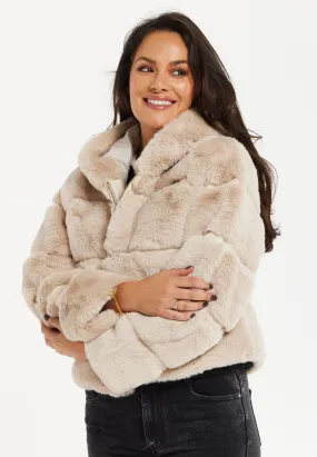 Women's Beige Puffer Jacket with High Collar, Zip Detail, Plush Padding, Cozy Warmth - Liquorish
